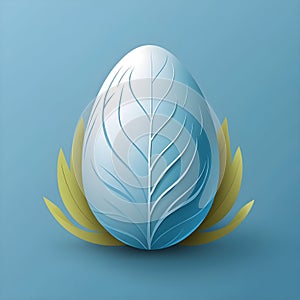 calm blue easter egg with leaves on blue background