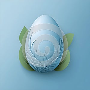 calm blue easter egg with leaves on blue background
