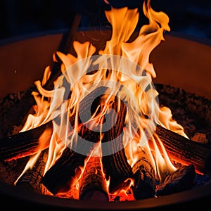 AI Generated campfire with blowing flame at night