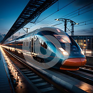 Modern high-speed train on the railway station at night, toned