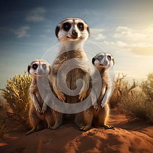 family of meerkats standing on their hind legs, their curious expressions portraying their vigilant nature by AI generated