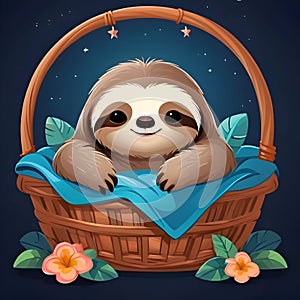 Ai generated. Cartoon illustration of a baby sloth sleeping in a basket, stickers, logo