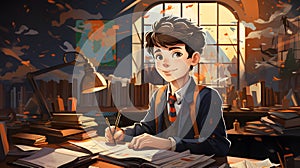 AI Generated: Cartoon Style Boy Studying in a Book-Filled Office with a Large Window