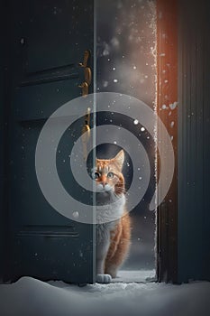 AI generated The cat is standing in front of the door. Winter landscape