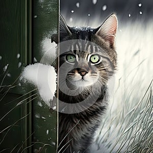 AI generated The cat is standing in front of the door. Winter landscape