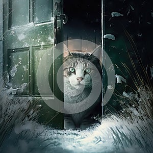 AI generated The cat is standing in front of the door. Winter landscape