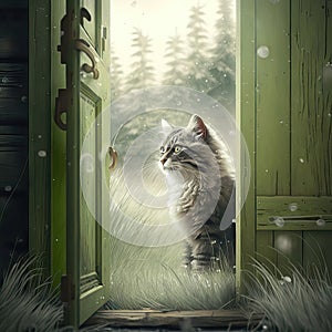 AI generated The cat is standing in front of the door. Winter landscape