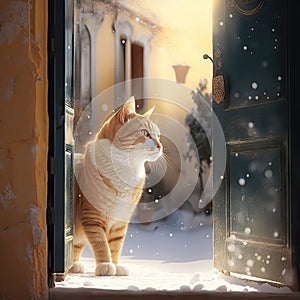 AI generated The cat is standing in front of the door. Winter landscape