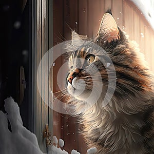 AI generated The cat is standing in front of the door. Winter landscape