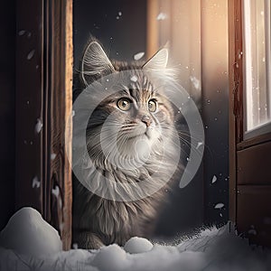 AI generated The cat is standing in front of the door. Winter landscape