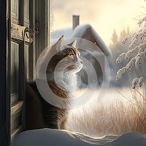 AI generated The cat is standing in front of the door. Winter landscape