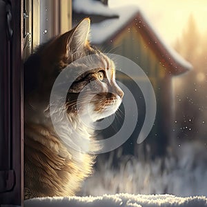 AI generated The cat is standing in front of the door. Winter landscape