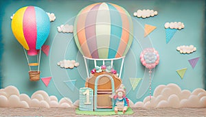 Whimsical Hot Air Balloon Cake Smash Backdrop, Made with Generative AI photo