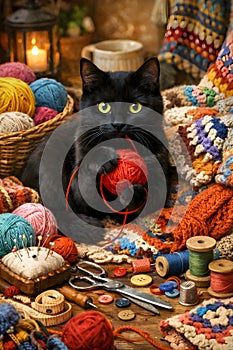Playful Black Cat Surrounded By Yarn In Cozy Knitting Workspace