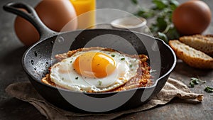Cheerful Fried Egg with a Sunny Side Up Yolk in a Skillet An Appetizing and Delightful Breakfast Dish Filled with photo