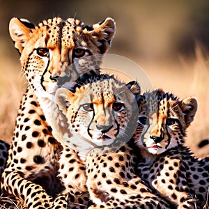AI generated Cheetah family of three - a mother and two cubs