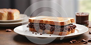 Chocolate spread bread sandwich on white plate.