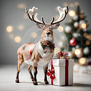 AI-generated Christmas reindeer next to gift box, Christmas symbol