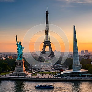 AI-Generated City Scene with the Eiffel Tower, Statue of Liberty, Modern Building, and Boat on a River photo