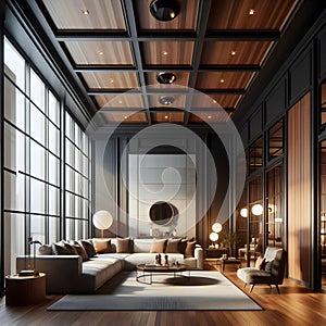 Ai Generated classic modern industrial living room design with wooden accents, dark room interior design with wooden furniture and