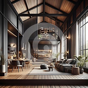 Ai Generated classic modern industrial living room design with wooden accents, dark room interior design with wooden furniture and