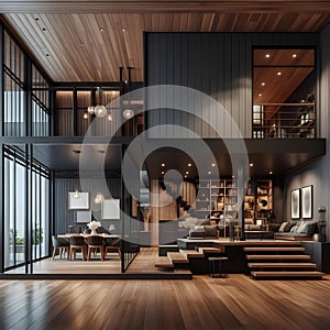 Ai Generated classic modern industrial living room design with wooden accents, dark room interior design with wooden furniture and