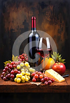Classic Red Wine Still Life With Grapes Cheese And Fruit Arrangement