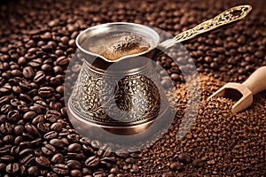 Classic Turkish Coffee Cezve With Foamy Surface And Rich Coffee Beans