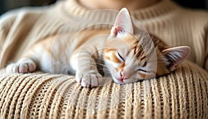 Adorable Sleeping Kitten Resting Comfortably On Warm Knitted Sweater In Soft Cozy Light
