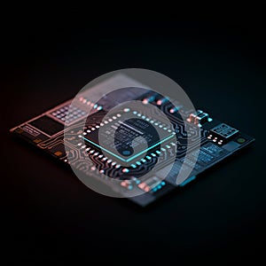 AI-Generated Close-Up of a Dark Computer Chip with Illuminated Circuitry