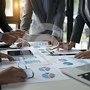 AI-Generated Close-Up of Hands Collaborating on Graphs and a Tablet in a Business Meeting photo