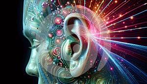 Abstract Human Face With Radiant Sound Waves And Colorful Light Energy