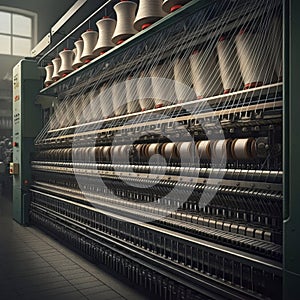 AI-Generated Close-Up of Industrial Textile Machine with Thread Spools