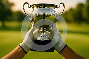 Golf Champion Holding Trophy on Green Course