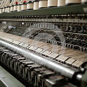 AI-Generated Close-Up of Industrial Textile Machine with Thread Spools