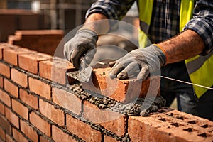 Mason Laying Bricks With Mortar During Professional Construction Process