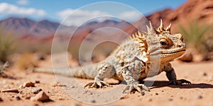 A close-up of a thorny devil lizard in the desert.