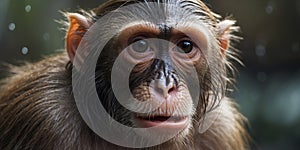 Close-up of a wet monkey-like creature with big ears and sharp teeth. photo