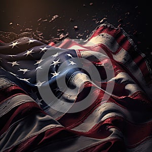 AI generated closeup of grunge vintage dark american flag blowing wind at USA independence day