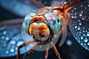 A closeup image of a blue eyes dragonfly