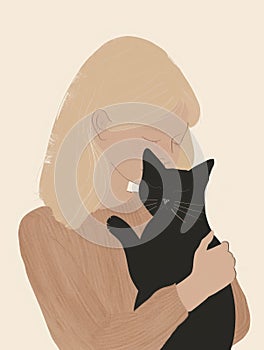 Ai Generated A Closseup Portrait of A White Young Woman With Smooth Blonde Hair In Beige Sweater Holding a Black Cat In her