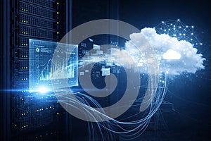 AI generated cloud computing concept with data center servers streaming analytics and information to a secure cloud network