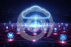 AI generated cloud computing smart city network with glowing digital cloud connected to futuristic city and data nodes