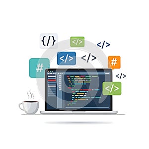 Coding on Laptop with Coffee and Code Symbols AI Generated