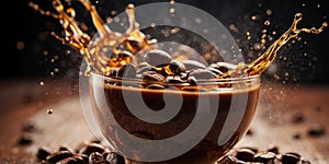 Coffee beans and splashes of coffee in motion.