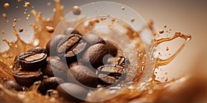 Coffee beans and splashes of coffee in motion.