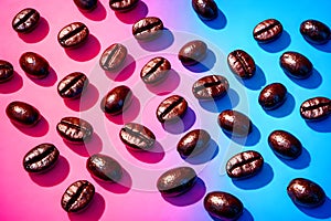 Roasted Coffee Beans Pattern On Vibrant Pink And Blue Modern Background