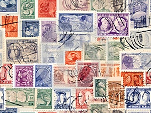 AI-generated collection of colorful, vintage stamps with various postmarks