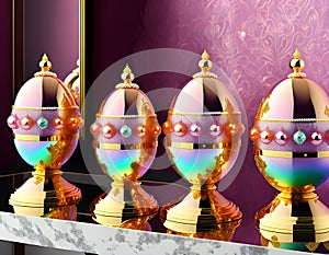 Gold-plated FabergÃ© eggs set standing on mirror shelves, abstract, luxury, jewels, gold, purple background photo