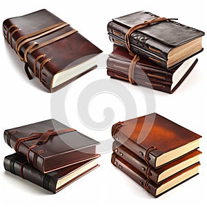 AI-generated collection of leather books isolated on white background. 3d render.